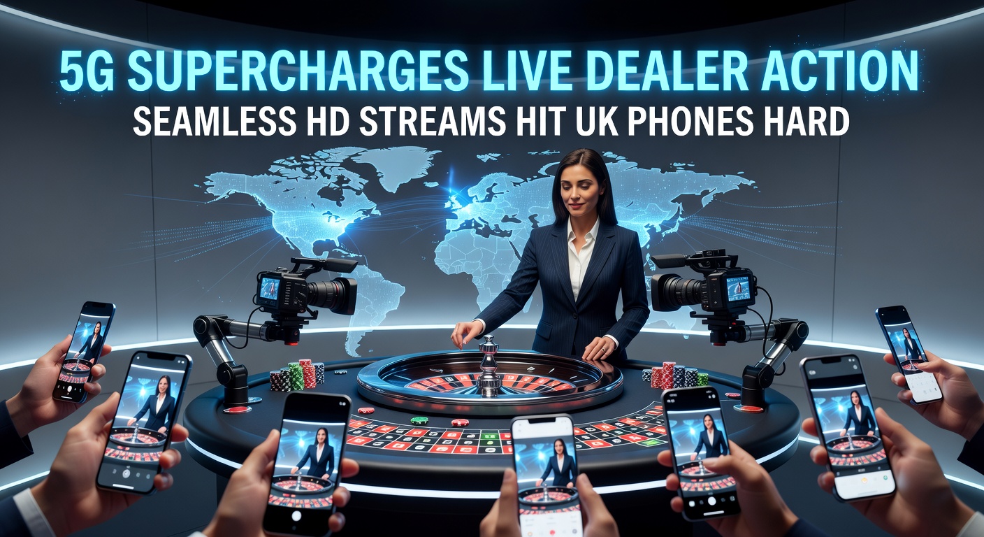 A vibrant live dealer blackjack table streaming in crystal-clear HD on a UK mobile phone screen, powered by 5G connectivity, with the dealer smiling and cards flying across the interface