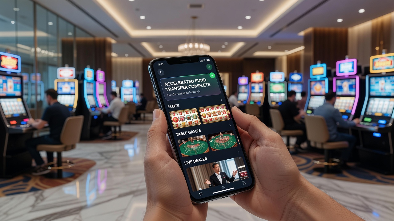 Smartphone screen displaying casino app with instant transfer confirmation and various game options
