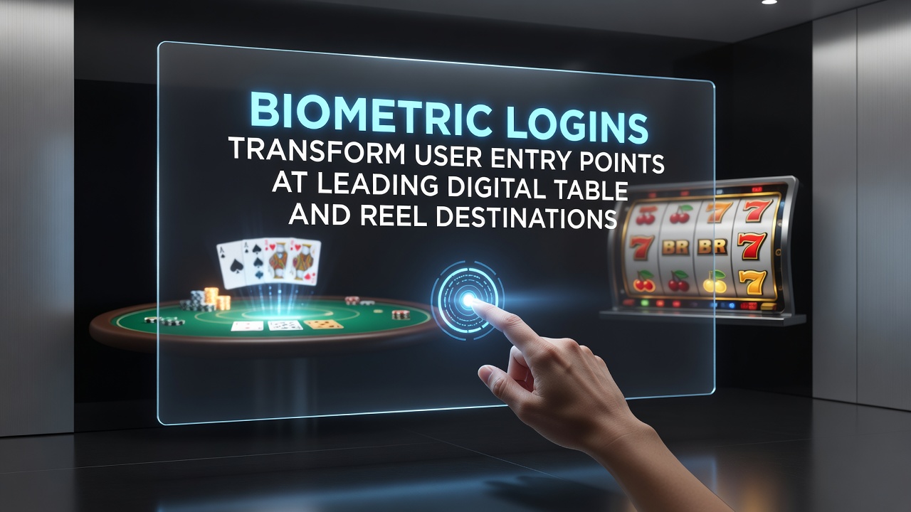 Biometric login interface on a mobile device showing fingerprint and facial recognition options for accessing online table games and slots