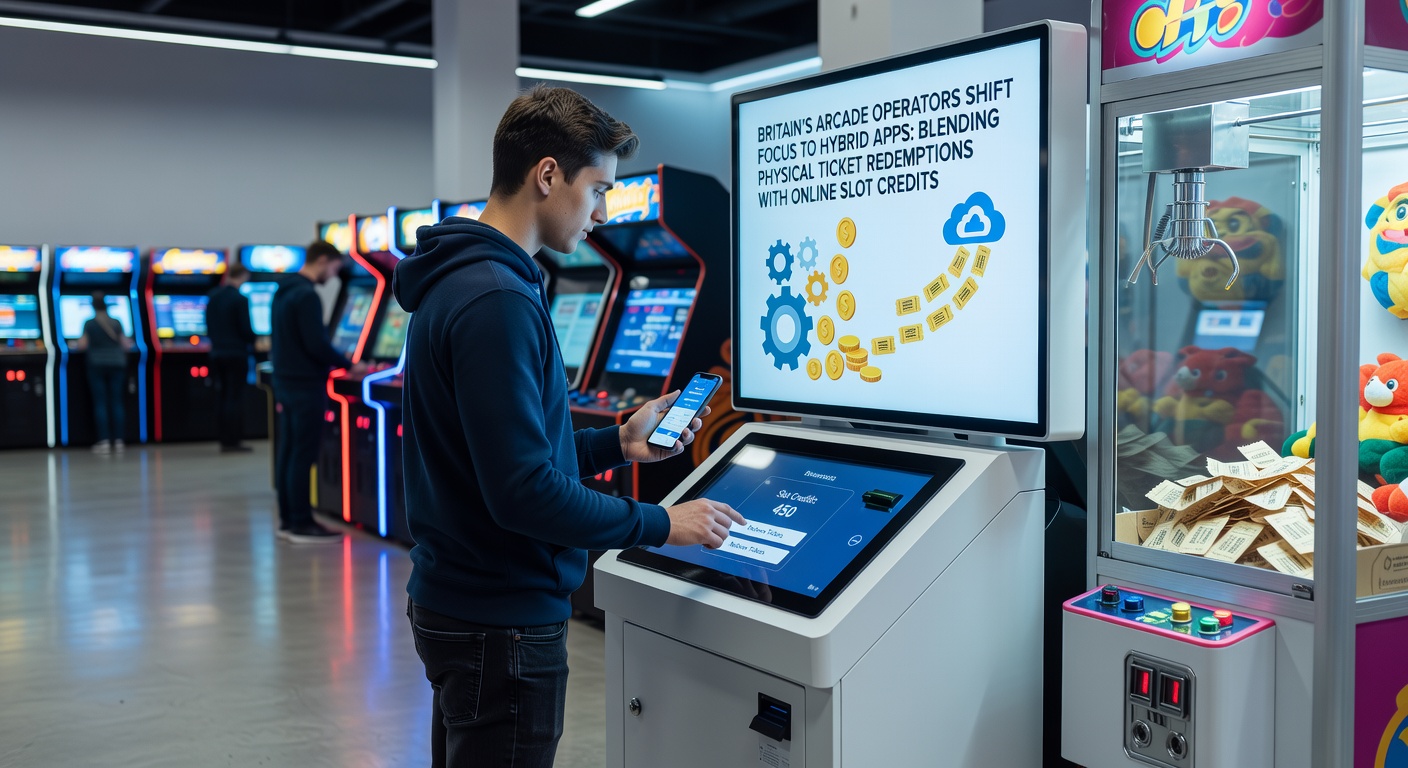 Arcade machines in a British venue with players redeeming tickets via a hybrid app interface on smartphones