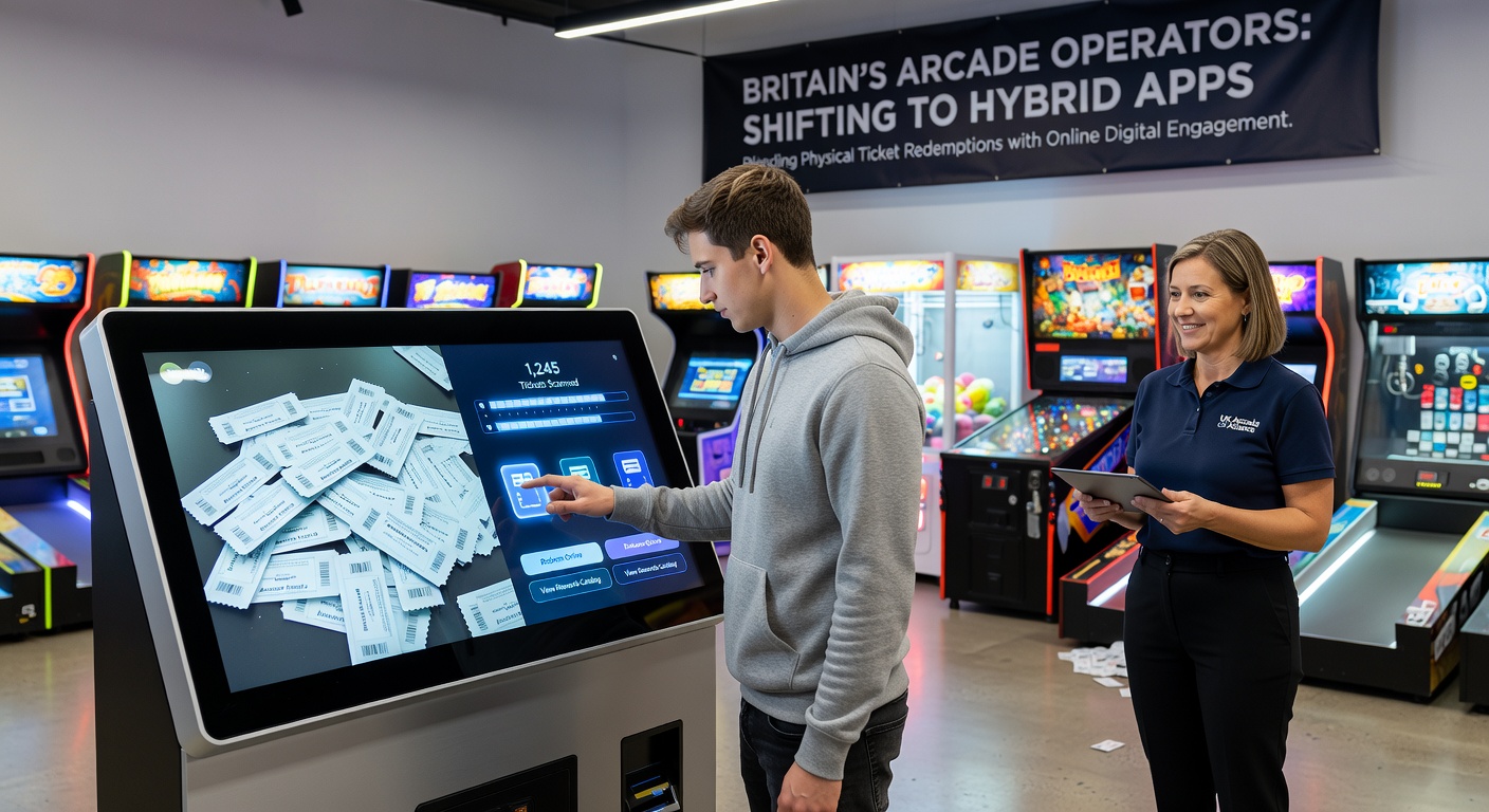 Smartphone screen showing hybrid app interface with ticket balance transferred to online slot credits next to an arcade ticket dispenser
