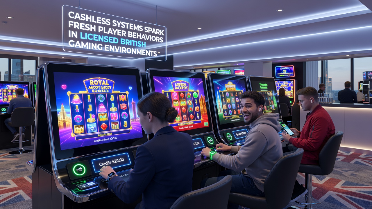 Players using mobile wallets at digital gaming stations in a licensed British casino environment