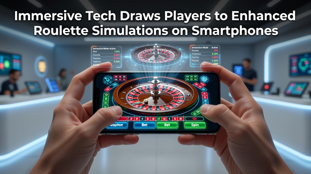 Smartphone displaying an immersive roulette simulation with augmented reality overlays and detailed wheel graphics