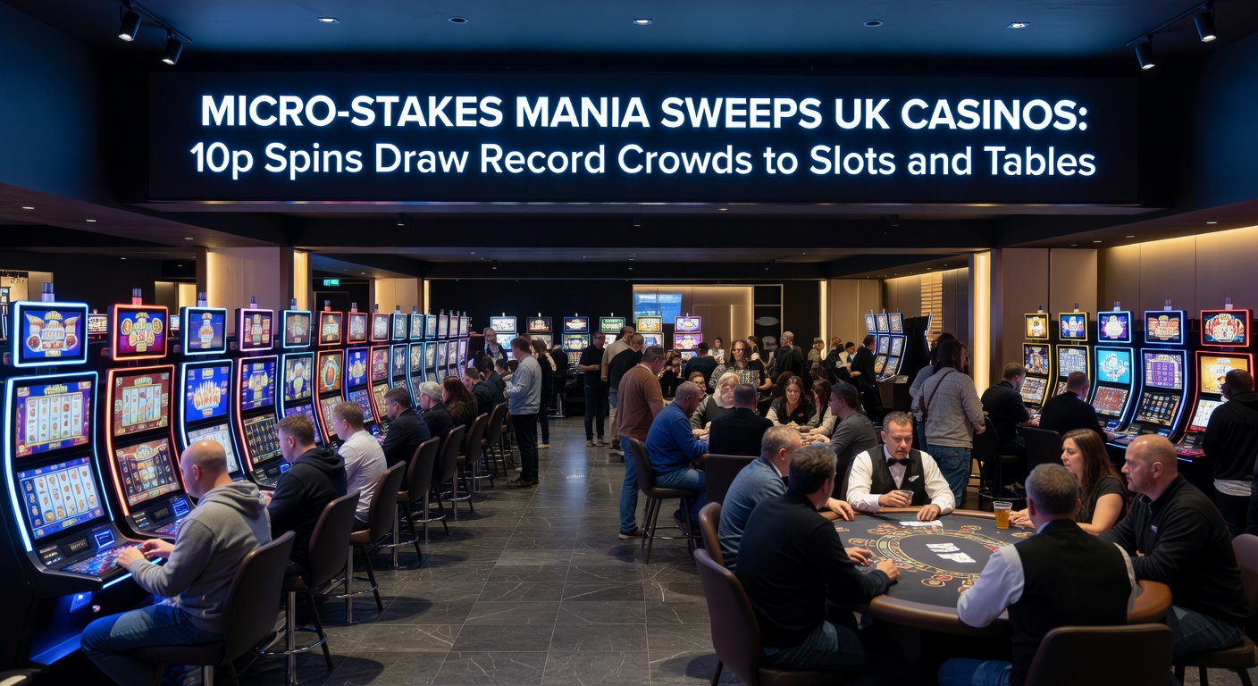 Vibrant UK casino floor packed with players huddled around slot machines featuring 10p spin options, lights flashing amid excited crowds