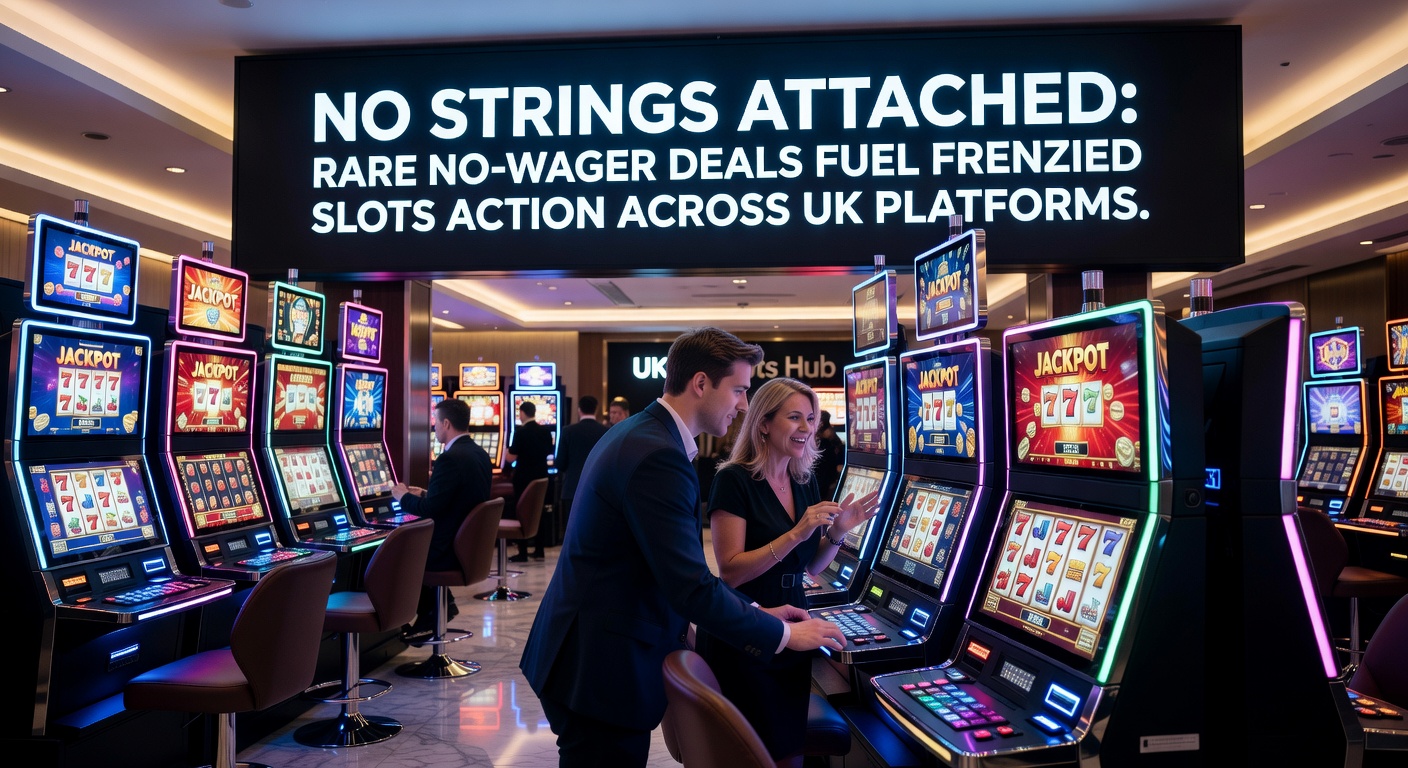 Vibrant online slots interface displaying a no-wager bonus popup amid spinning reels and jackpot counters