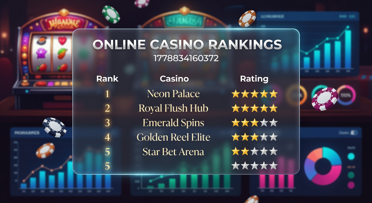Digital dashboard displaying top online casino rankings with metrics like RTP, bonuses, and user ratings glowing on a sleek interface