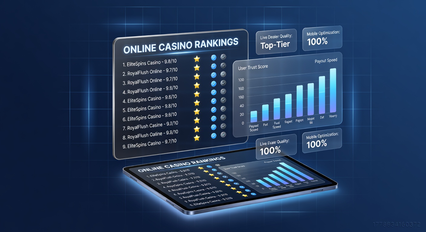 Close-up of a leaderboard showing online casino rankings with podium positions, star ratings, and highlighted bonus offers under spotlights