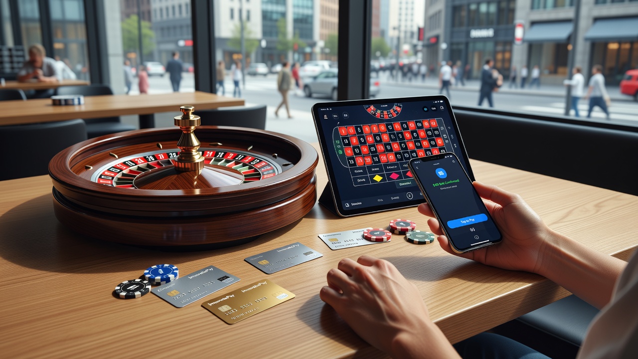 Close-up of a digital wallet transaction confirming a roulette bet on a mobile device next to a spinning wheel graphic