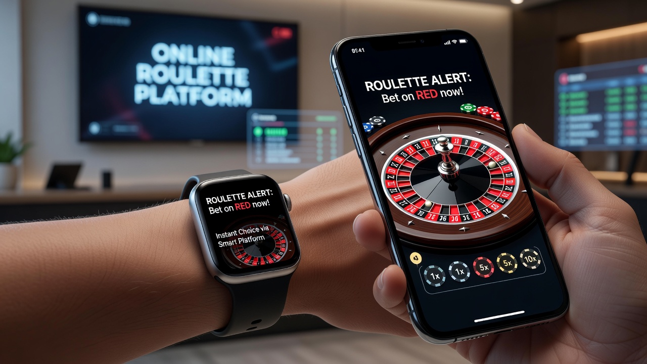 Close-up of smartwatch interface showing roulette spin results and quick bet options