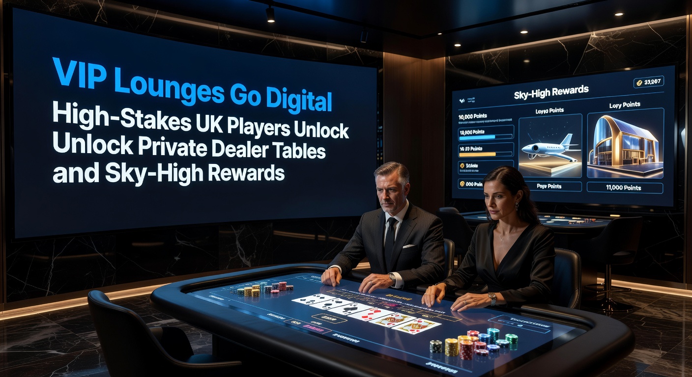 Sleek digital interface showing a private VIP lounge with live dealer at a high-stakes blackjack table, featuring personalized rewards dashboard