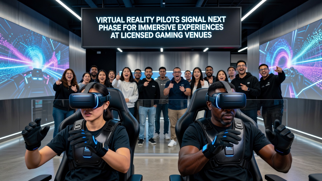 Group of players using virtual reality equipment together inside a licensed casino floor