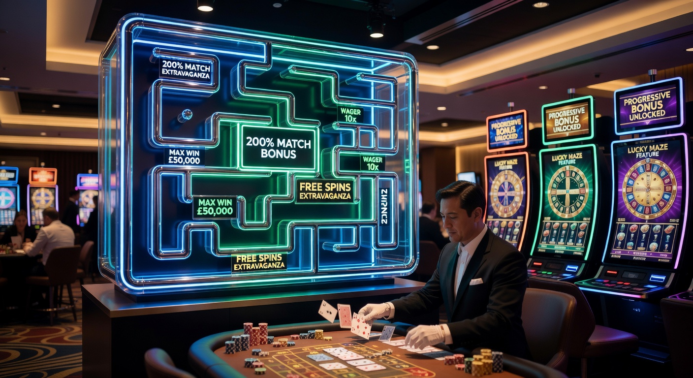 Illustration of a complex maze representing wagering requirements in UK casino bonuses, with golden paths leading to lucrative rewards